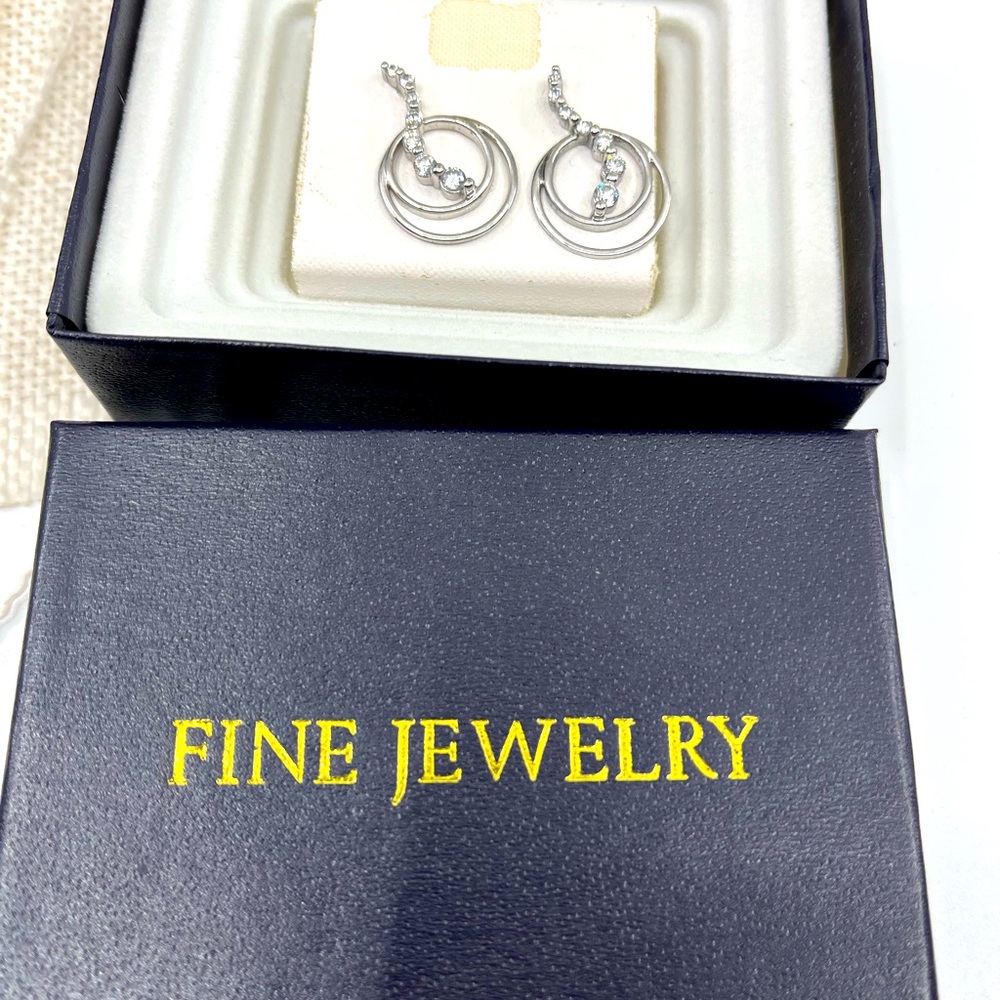 Vintage Sterling Silver Double Hoop Earrings with CZ Accents, Rhodium Plated